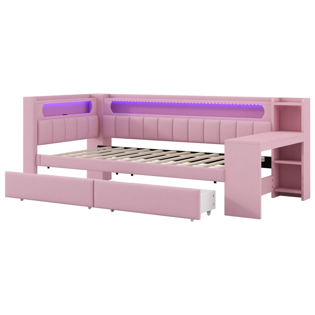 Daybed imbottito 90x200 rosa con USB; LED; scrivania e 2 cassetti