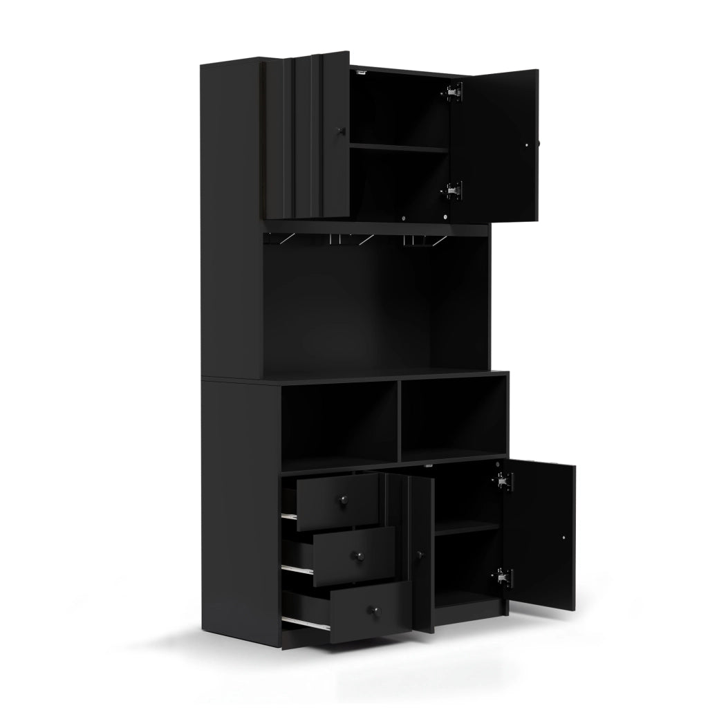 Colonna da cucina LED con vetrina, prese e 3 portabicchieri, ripiano regolabile per cucina, nera, 100 × 40 × 180 cm