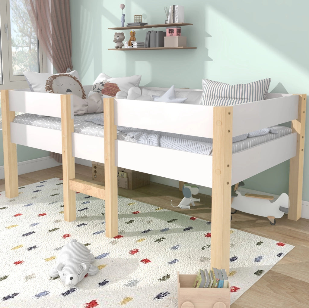 Letto per bambini semi-alto in legno massello con protezione anticaduta 90x200 cm