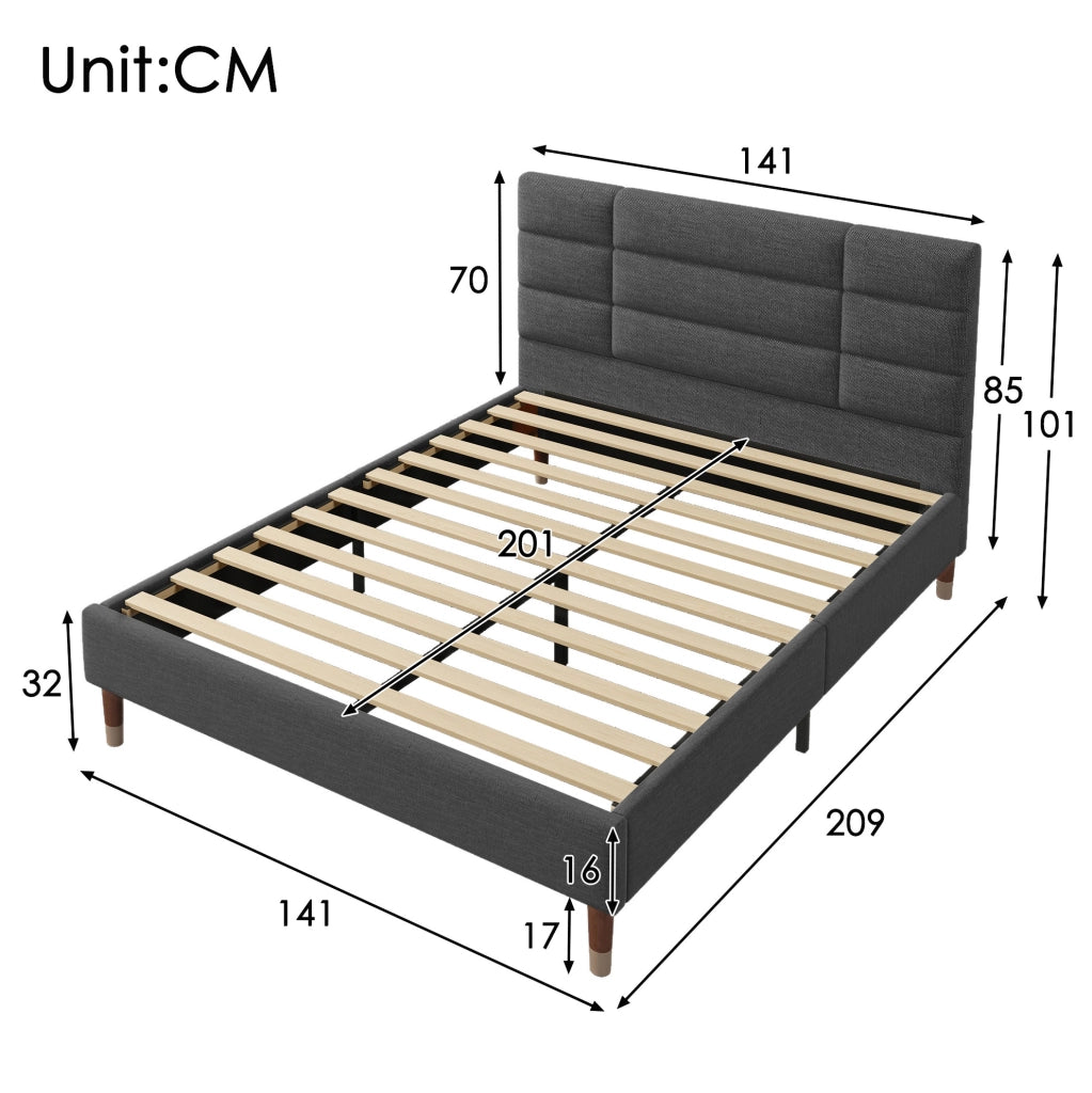 Letto matrimoniale 140x200 cm in lino grigio con rete a doghe e spazio contenitore