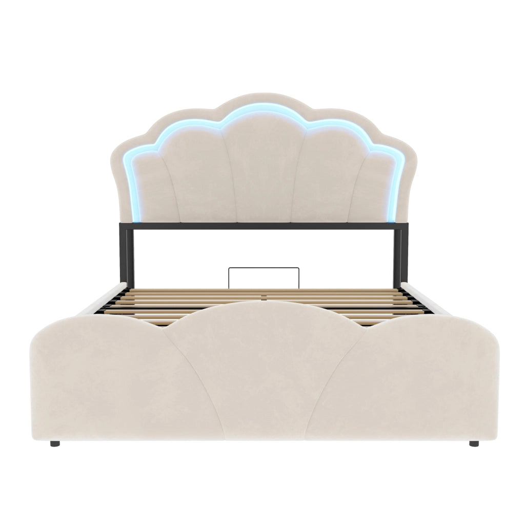 Letto imbottito 140 × 200 cm con contenitore idraulico in velluto beige LED prese e vani nella testiera