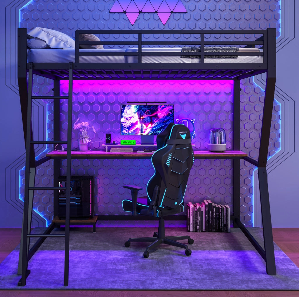 Letto a soppalco 140x200 cm con struttura in ferro, mensola computer, scrivania, LED, prese e USB, scala e ringhiera, nero, senza materasso