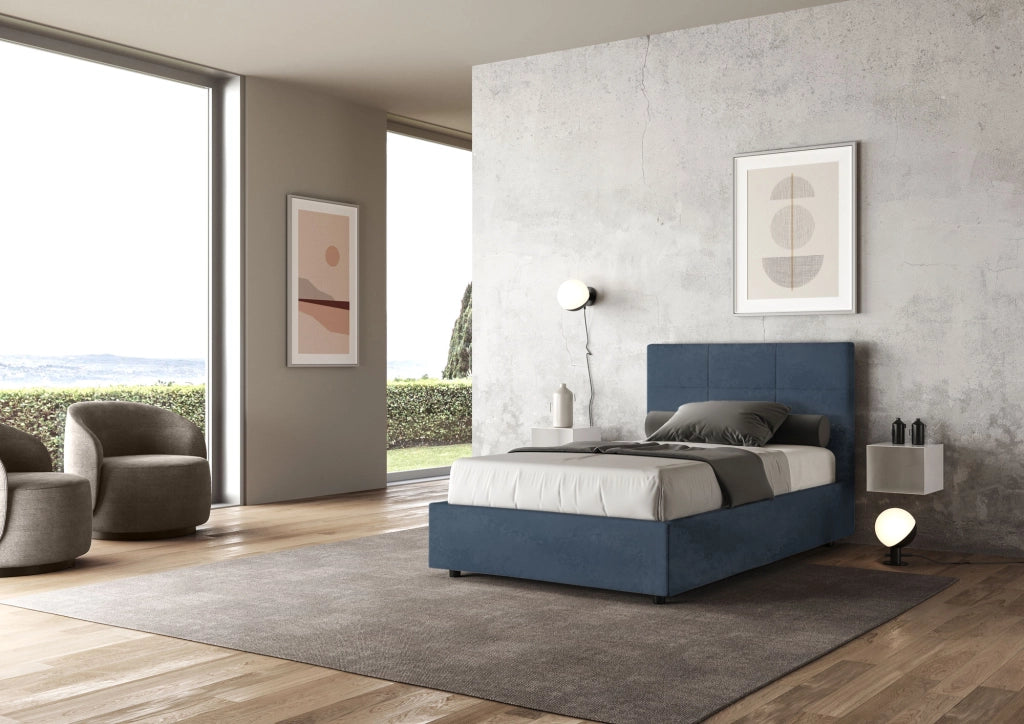 BS COM Letto una piazza e mezza contenitore imbottito 120x200 microfibra blu