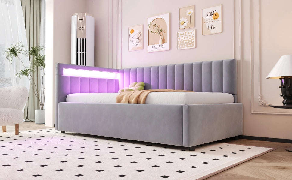 Letto singolo imbottito 90 × 200 cm con LED vano contenitore idraulico velluto grigio rete a doghe