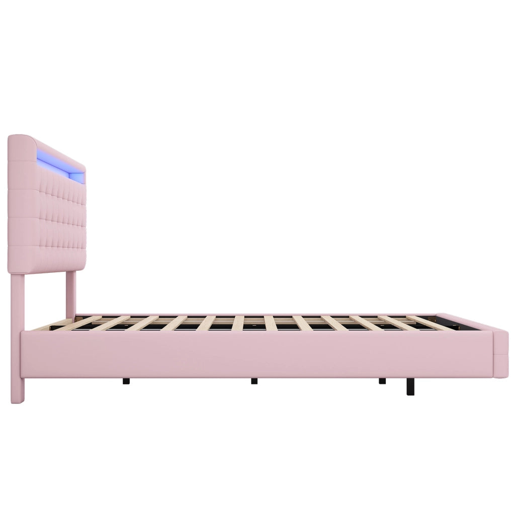 LETTO fluttuante 140x200 cm PU rosa con LED e testiera regolabile