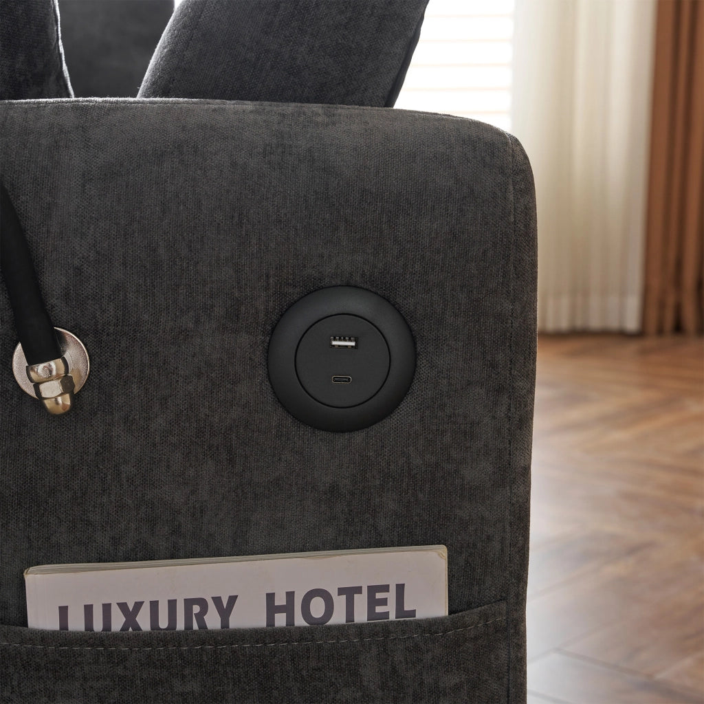OKWISH Divano Letto 2 Posti, Schienale Regolabile a 3 Posizioni con Porte USB, Supporto per Telefono e Tasche, Ciniglia Grigia