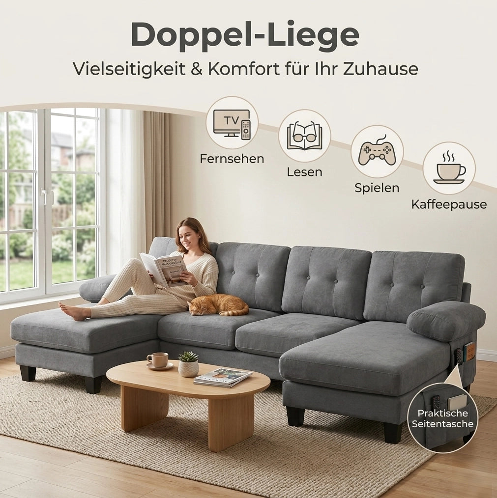 Divano ad angolo a U per 4 persone in Chenille grigio con doppia chaise longue e schienale tufted