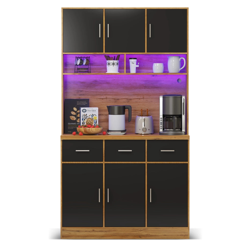 Mobile buffet 100x40x180 cm naturale e nero in MDF, LED e prese