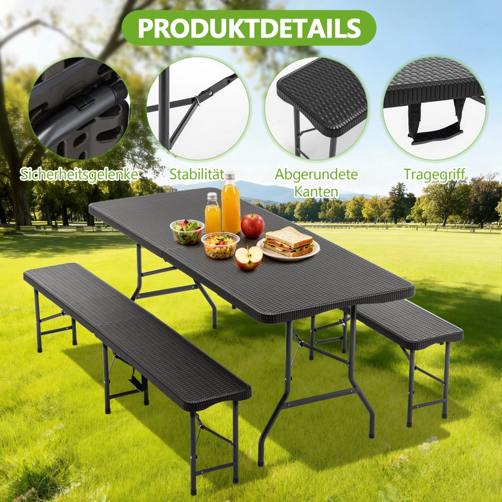 Set Tavolo Picnic Pieghevole con 2 Panche ¨C MINIMAL ¨C 3 Pezzi, HDPE, Nero, 182cm