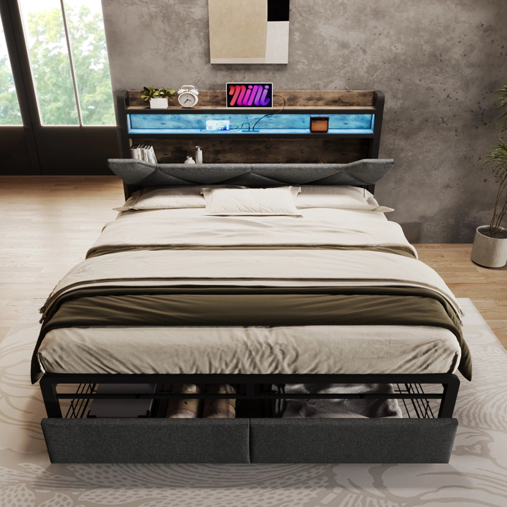 Letto con cassetti 140 × 200 cm con testiera imbottita contenitore LED USB e USB-C rivestito in lino grigio