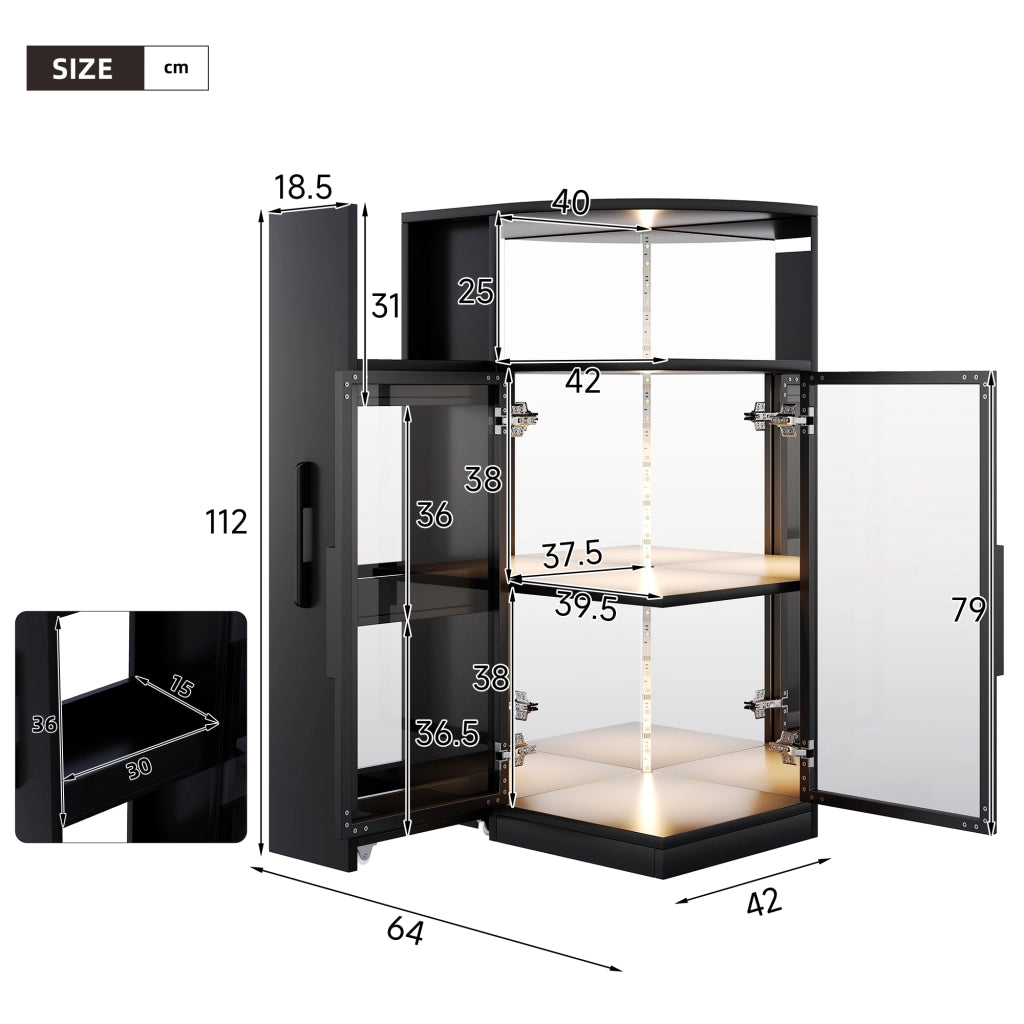 Vetrina 64x42x112 cm con mobile laterale estraibile e LED in vetro e truciolare nero