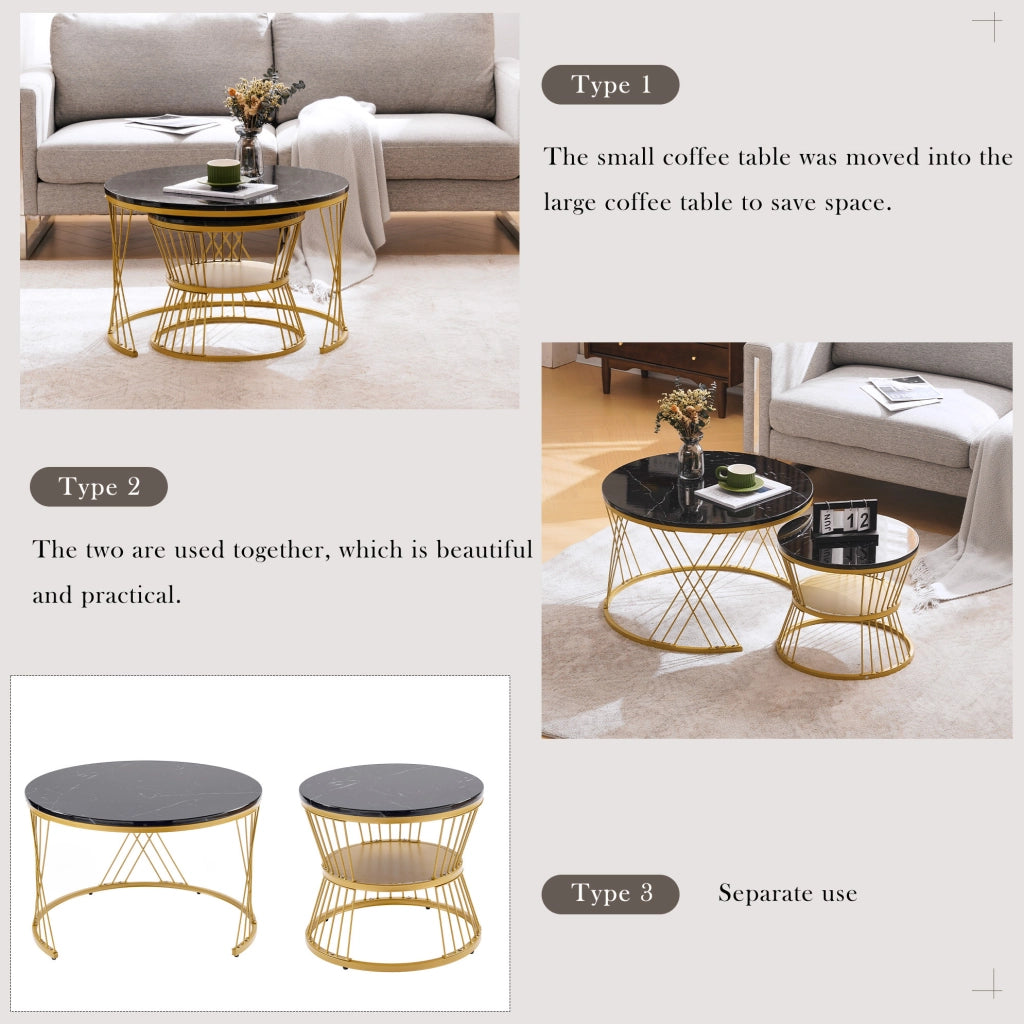 Set di 2 tavolini nesting rotondi in MDF effetto marmo nero; struttura oro