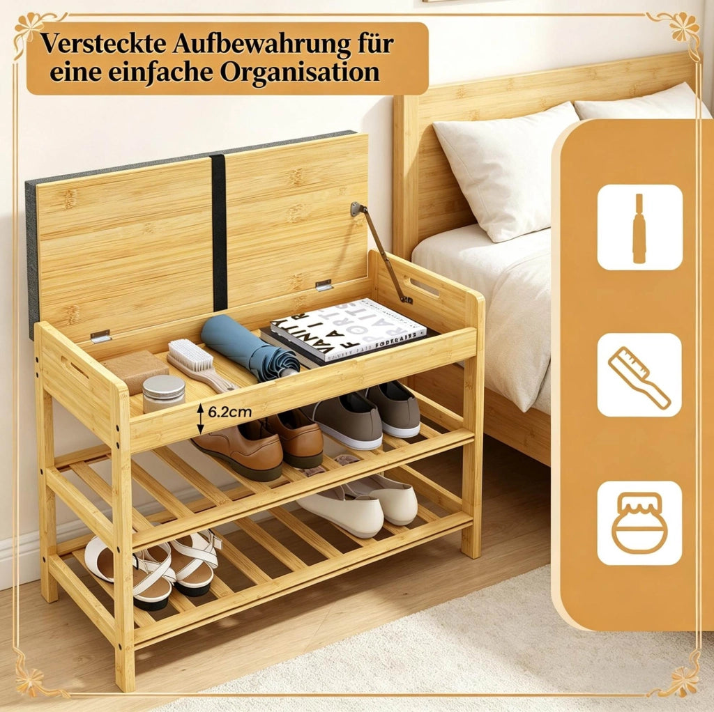 Panca Porta Scarpe Angolare in Bambù con Seduta Morbida e Vano Nascosto, 68x50x30 cm, Capacità 150 kg