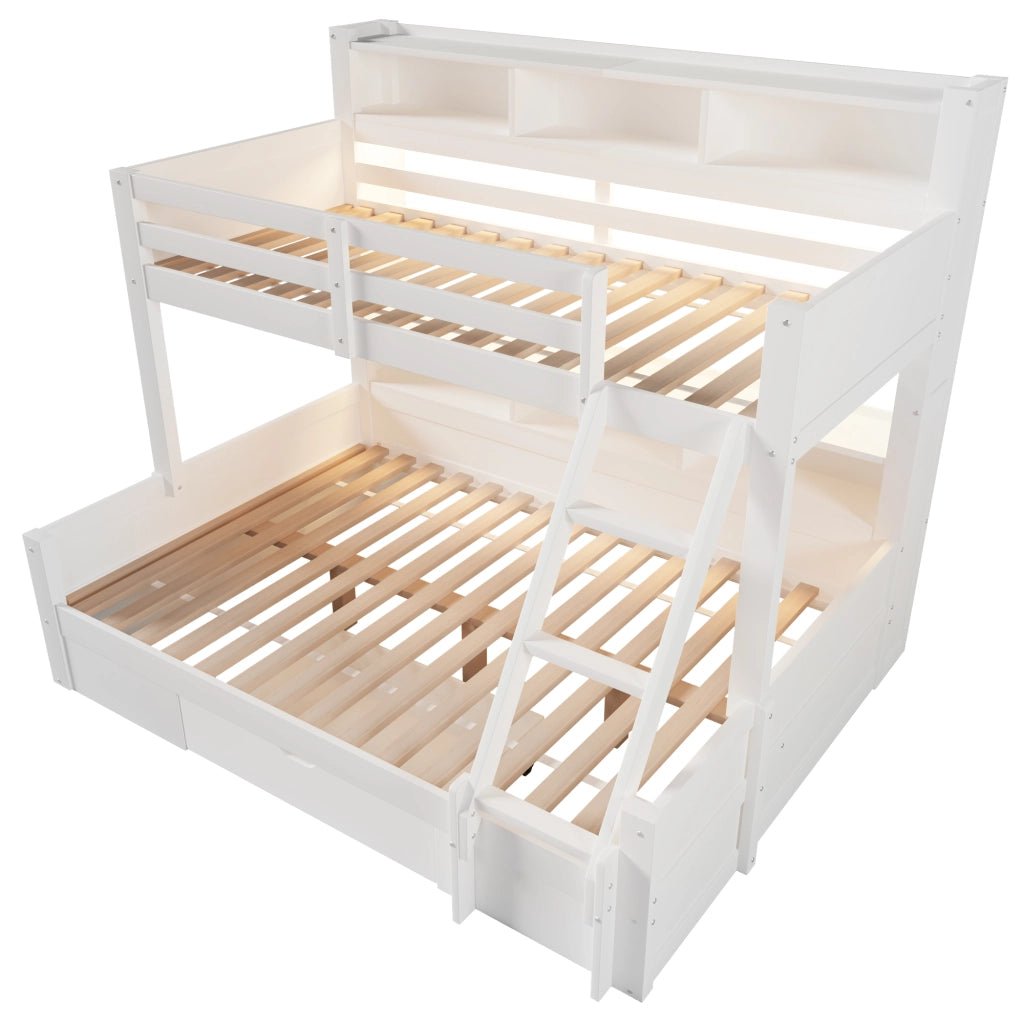 Letto a castello 3 posti 90×200 cm e 140×200 cm con LED; cassetto e vani aperti; senza materasso; bianco