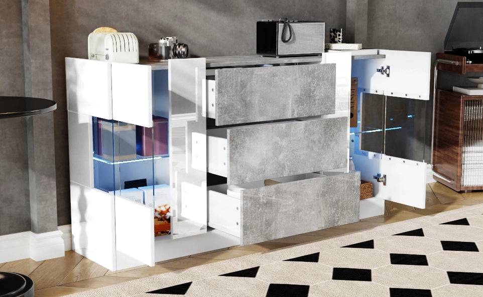 Sideboard elegante con 2 ante, 3 cassetti, finiture bianche lucide e effetto marmo grigio, LED a 16 colori, 140x35x75 cm