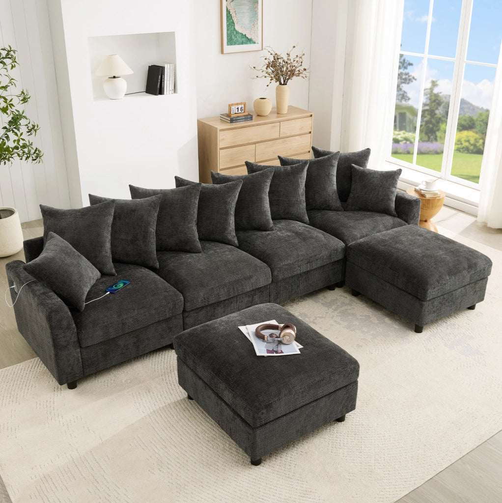 Divano angolare modulare 6 posti a U/L in chenille grigio con 2 pouf e ricarica USB/Type-C HOMVRA