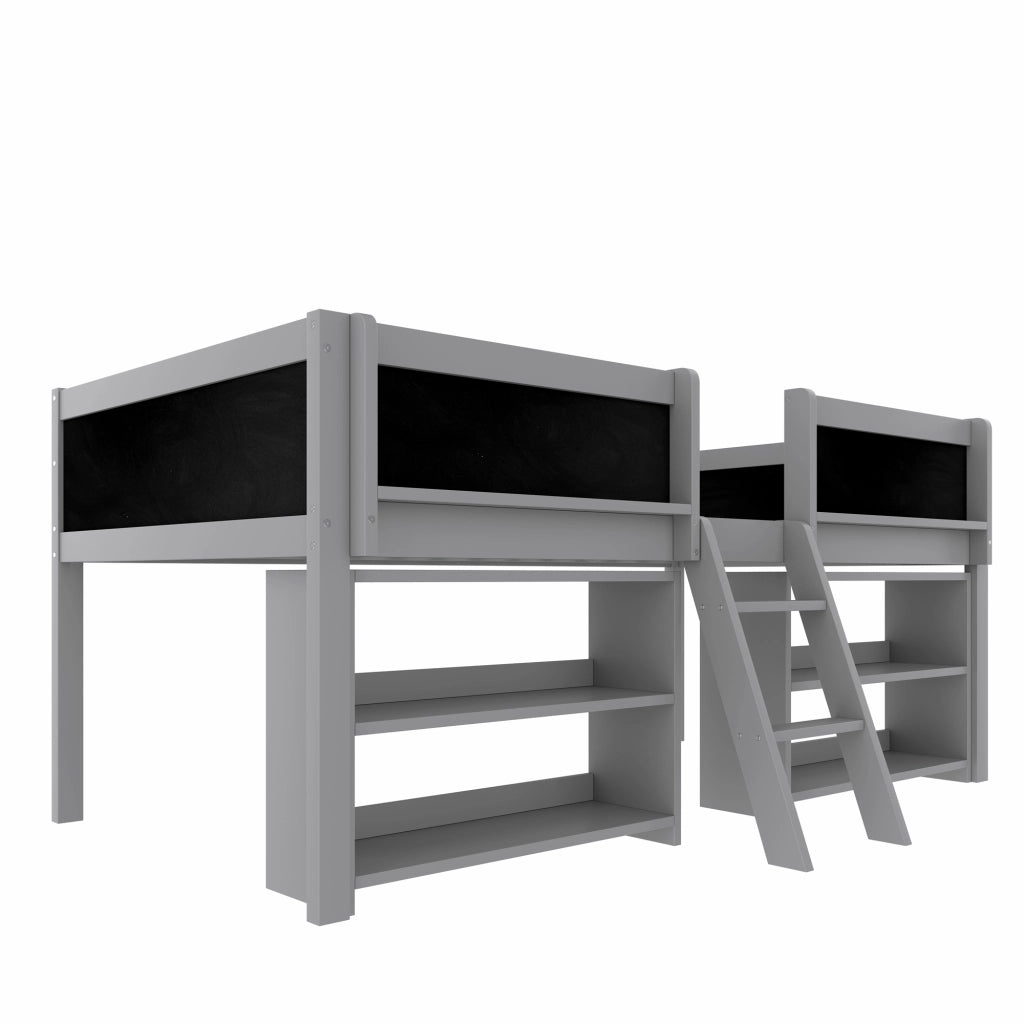 Letto a soppalco singolo 90×200 cm con ripiani; scala e barriera di sicurezza; senza materasso; pino; grigio