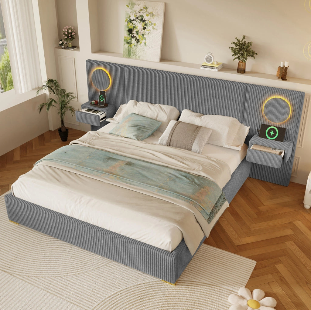 Letto imbottito 180x200 cm in velluto grigio con LED, USB e comodini