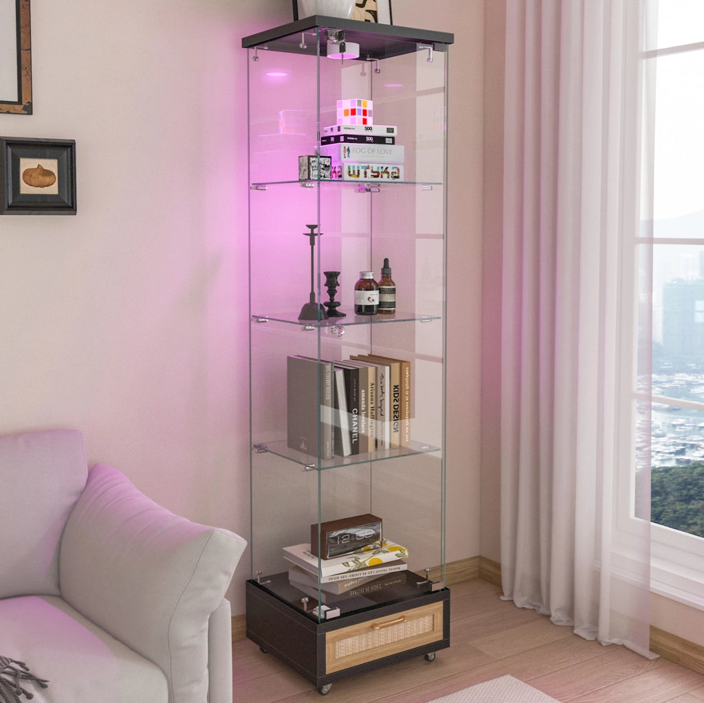 Vetrina moderna nera in vetro temperato con cassetti, LED a 13 colori, 4 ripiani interni, H167 x L42,5 x P36,5 cm