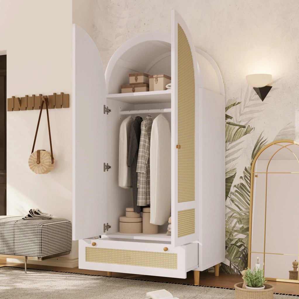 Armadio guardaroba 80x50x180 cm in MDF con ante effetto rattan; cassetto e asta appendiabiti; bianco