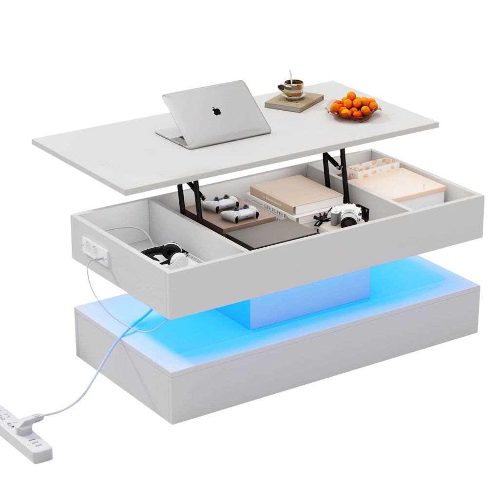 Tavolino da salotto sollevabile con LED; vano portaoggetti e prese EU 100x50x42 cm bianco
