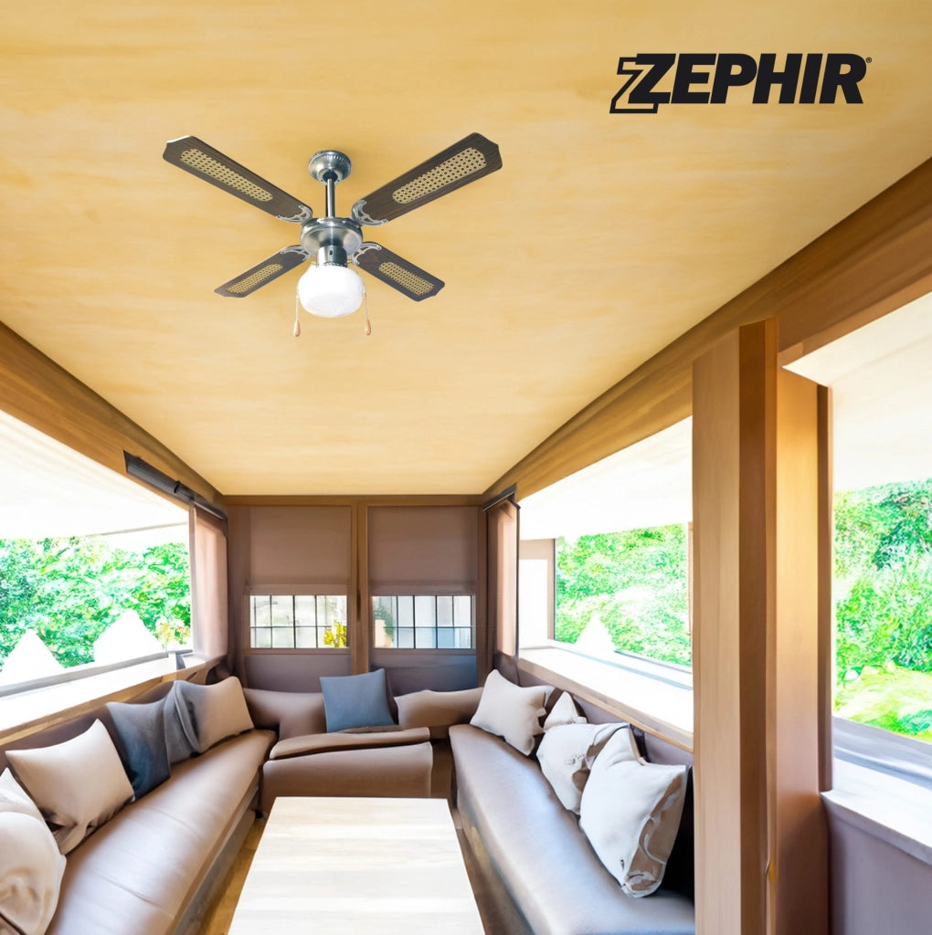 Ventilatore a Soffitto Zephir ZFS9107M 107 cm con Luce E27 – 4 Pale in Legno Rattan, 3 Velocità e Reversibile
