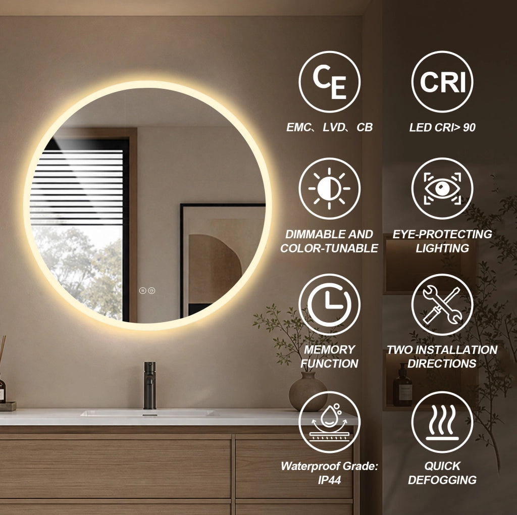 Specchio da bagno rotondo LED 80 cm con illuminazione regolabile e funzione antiappannamento, montaggio a parete