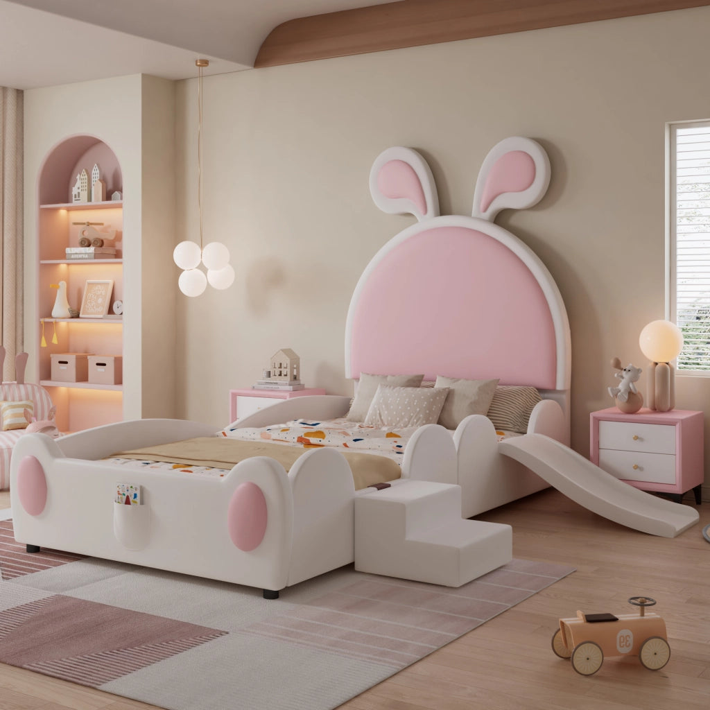 Letto singolo 90 × 200 cm con scivolo e scaletta testiera con orecchie in PU bianco e rosa