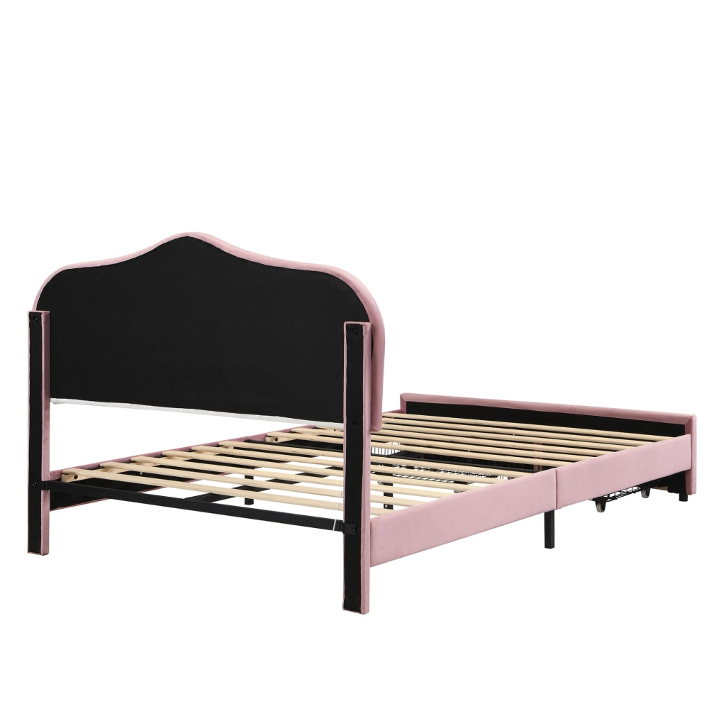 Letto imbottito per bambini 140x200 cm in velluto rosa con 2 cassetti e LED controllati via app HOMVRA