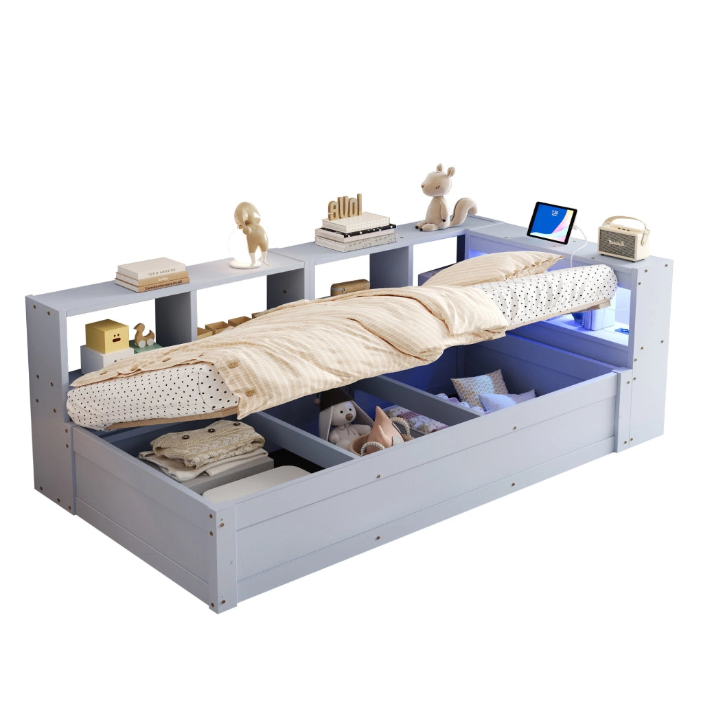 Letto multifunzione 90 x 200 cm grigio con LED, presa integrata e contenitore idraulico