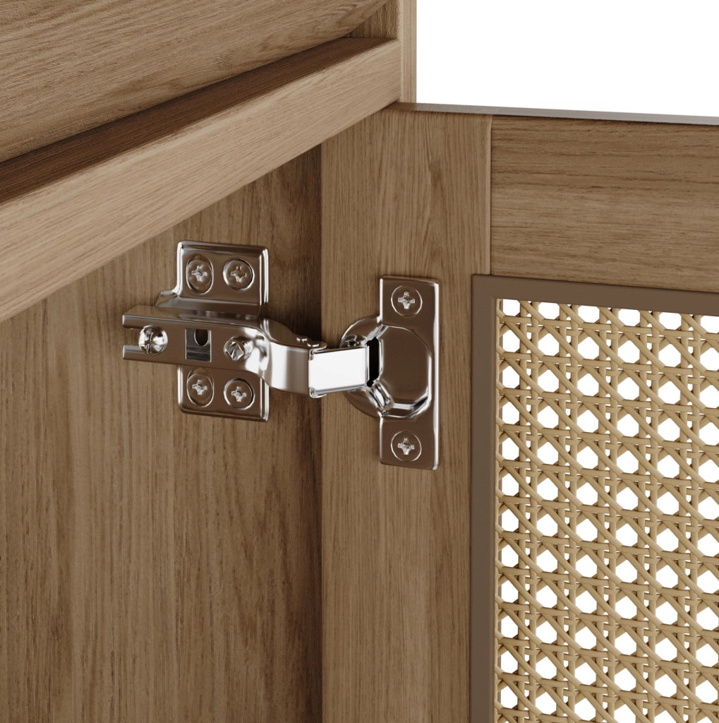 Mobile bagno 76x46x88 cm con lavabo in ceramica, struttura in MDF resistente all'umidità, ante a chiusura soft e dettagli in rattan naturali