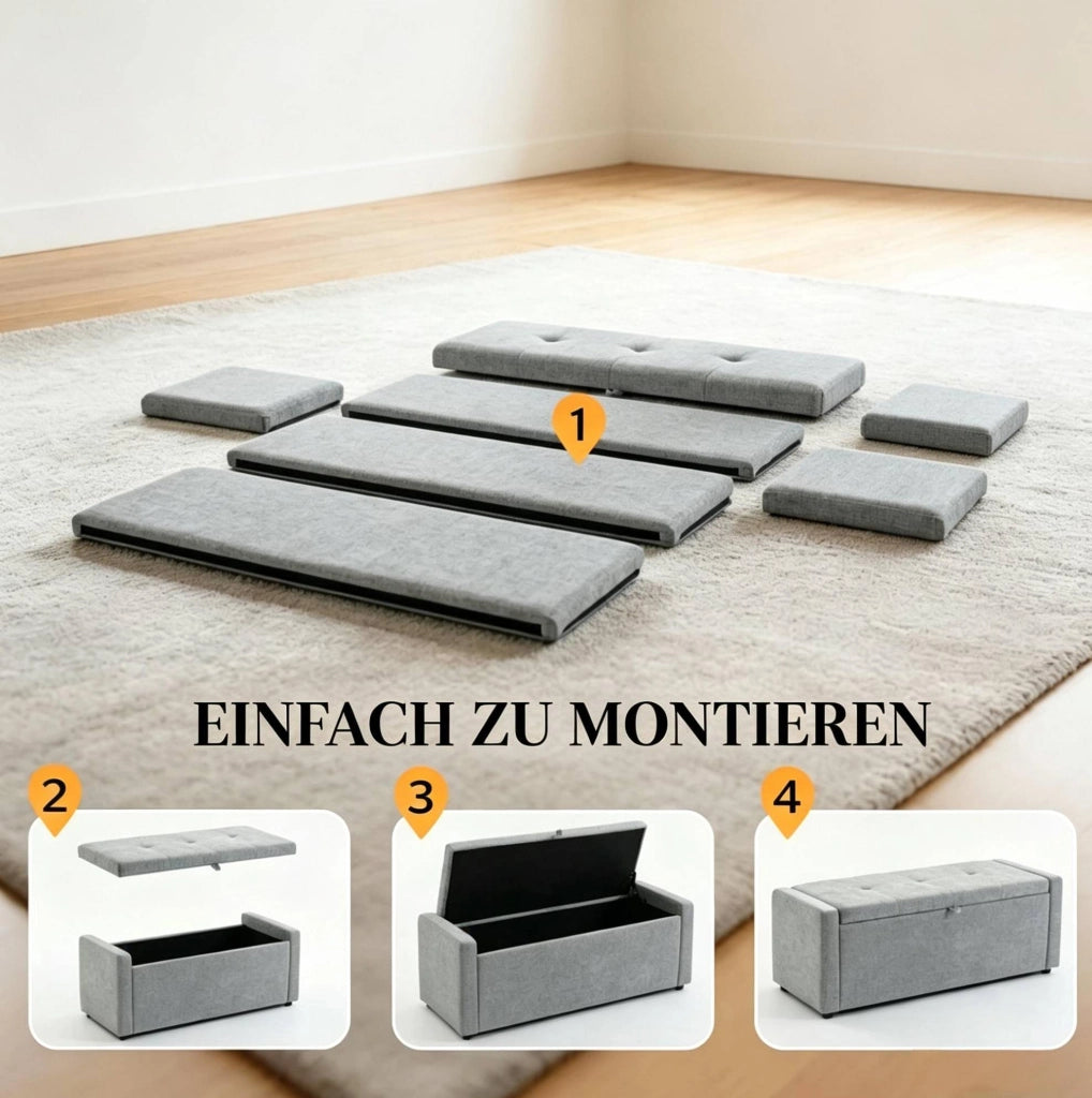 Panca contenitore moderna in lino grigio chiaro 122x48x44 cm per camera da letto