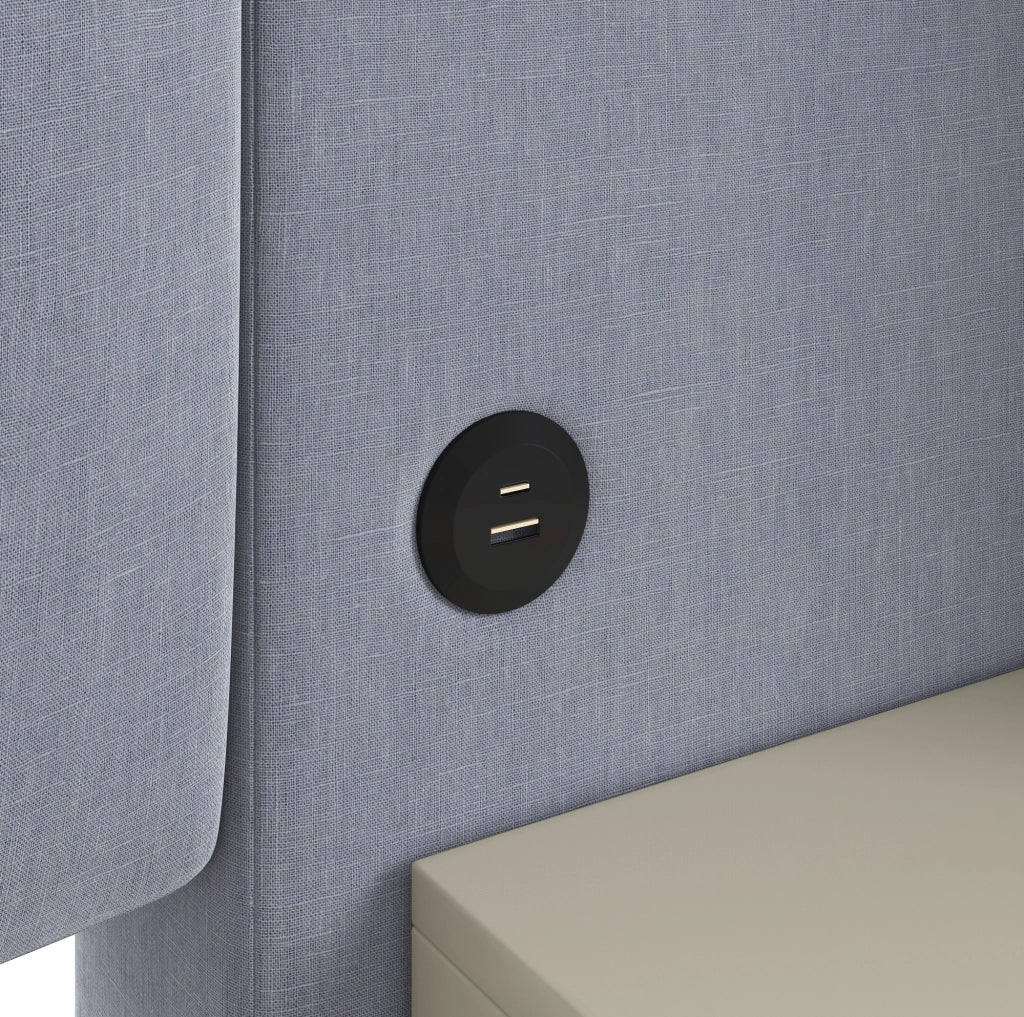 Letto matrimoniale 140x200 cm imbottito in lino grigio con contenitore idraulico e LED HOMVRA