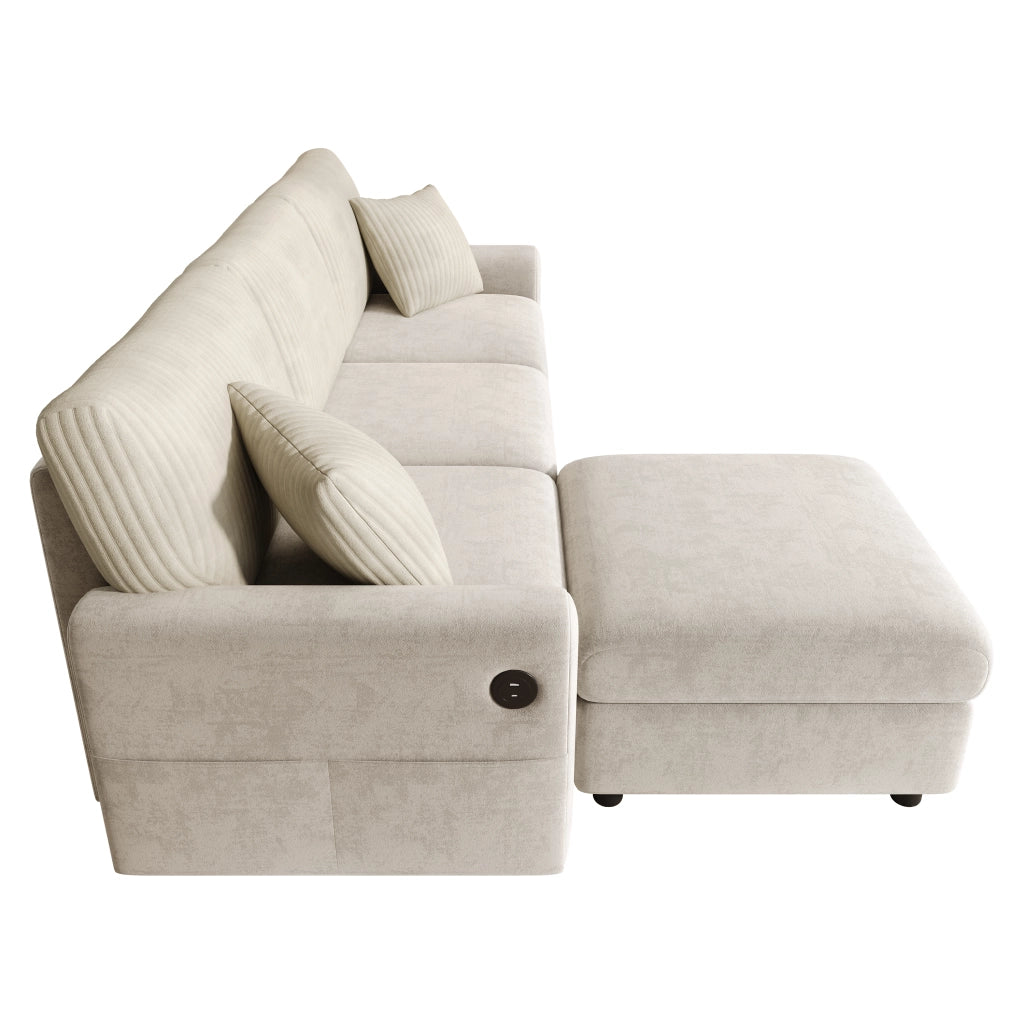 Divano dritto moderno con pouf mobile, porta USB e porta di tipo C, 2 cuscini quadrati, in ciniglia e velluto a coste beige