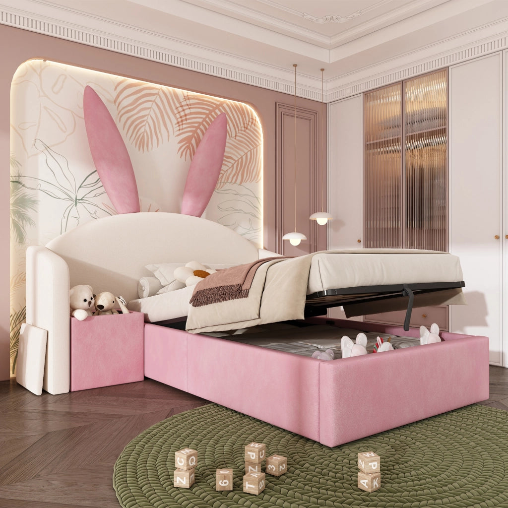 Letto per bambini 90 × 200 cm con contenitore idraulico e comodino; senza materasso; velluto beige e rosa