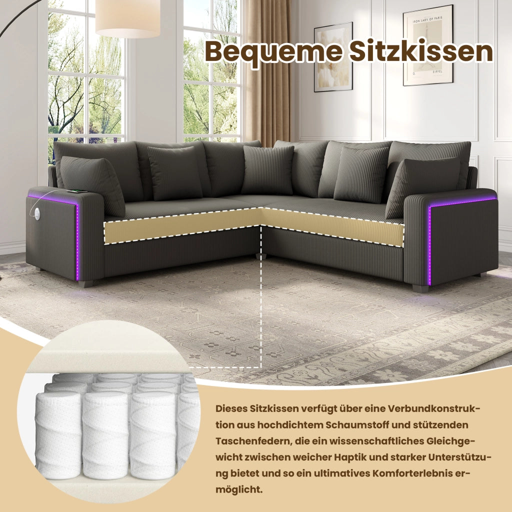 Divano angolare con LED, USB e USB-C, cuscini removibili in velluto a coste grigio, 198 × 198 × 83 cm