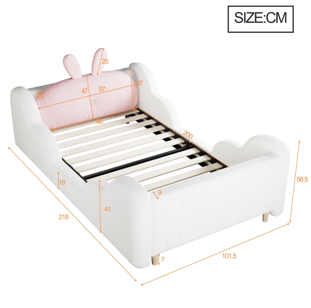 Letto per bambini 90x200 cm con cuscino coniglio in tessuto teddy bianco
