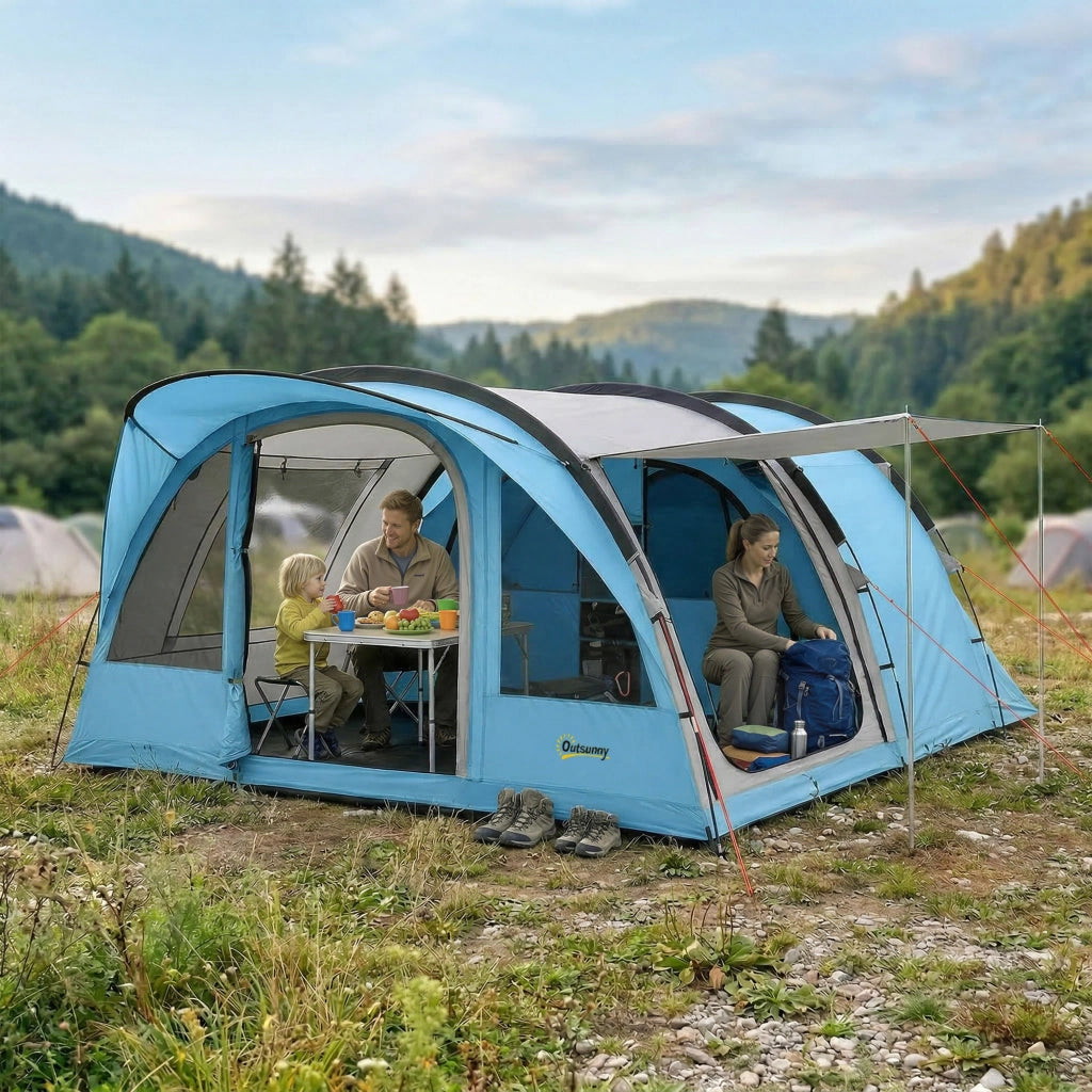 Tenda da Campeggio a Tunnel 4 Persone 3-4 Stagioni Impermeabile 3000mm Altezza 2 m Soggiorno XL 3,7 m Blu