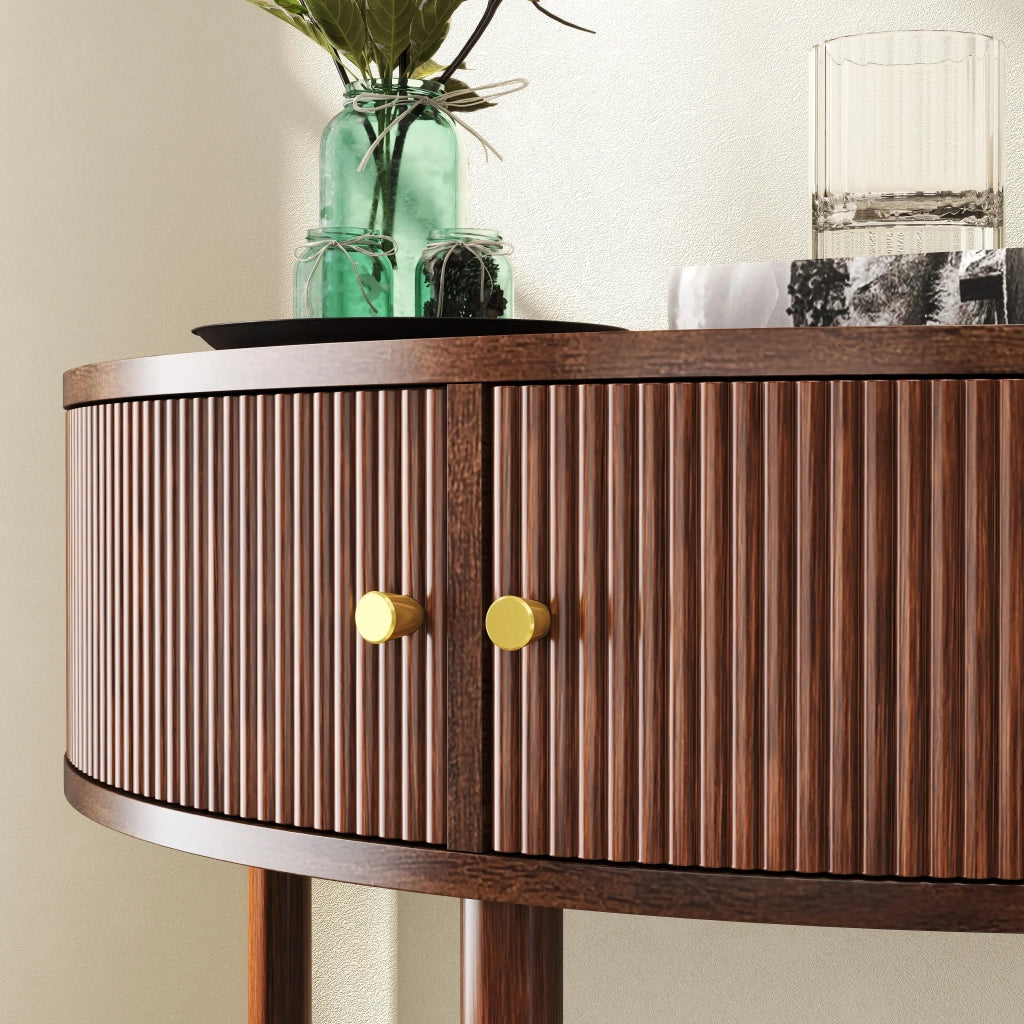Consolle mezzaluna con motivo 3D ondulato, decoro legno noce MDF laccato UV, gambe in massello, 2 cassetti e ripiano inferiore