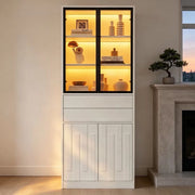 Vetrina alta 70×34×180 cm bianca con LED, 2 cassetti e ante in vetro temperato per soggiorno e cucina