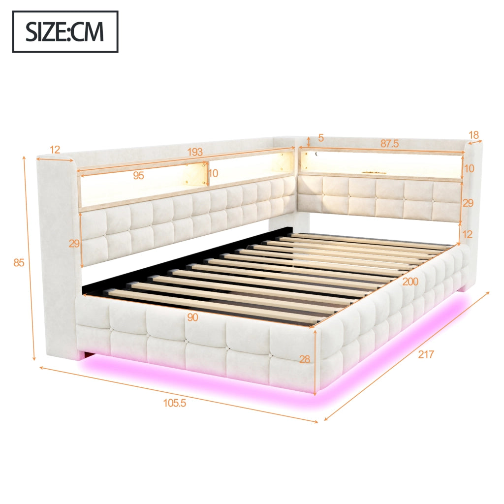 Divano letto 90 × 200 cm con vano contenitore idraulico LED prese USB e Tipo C rivestito in velluto beige