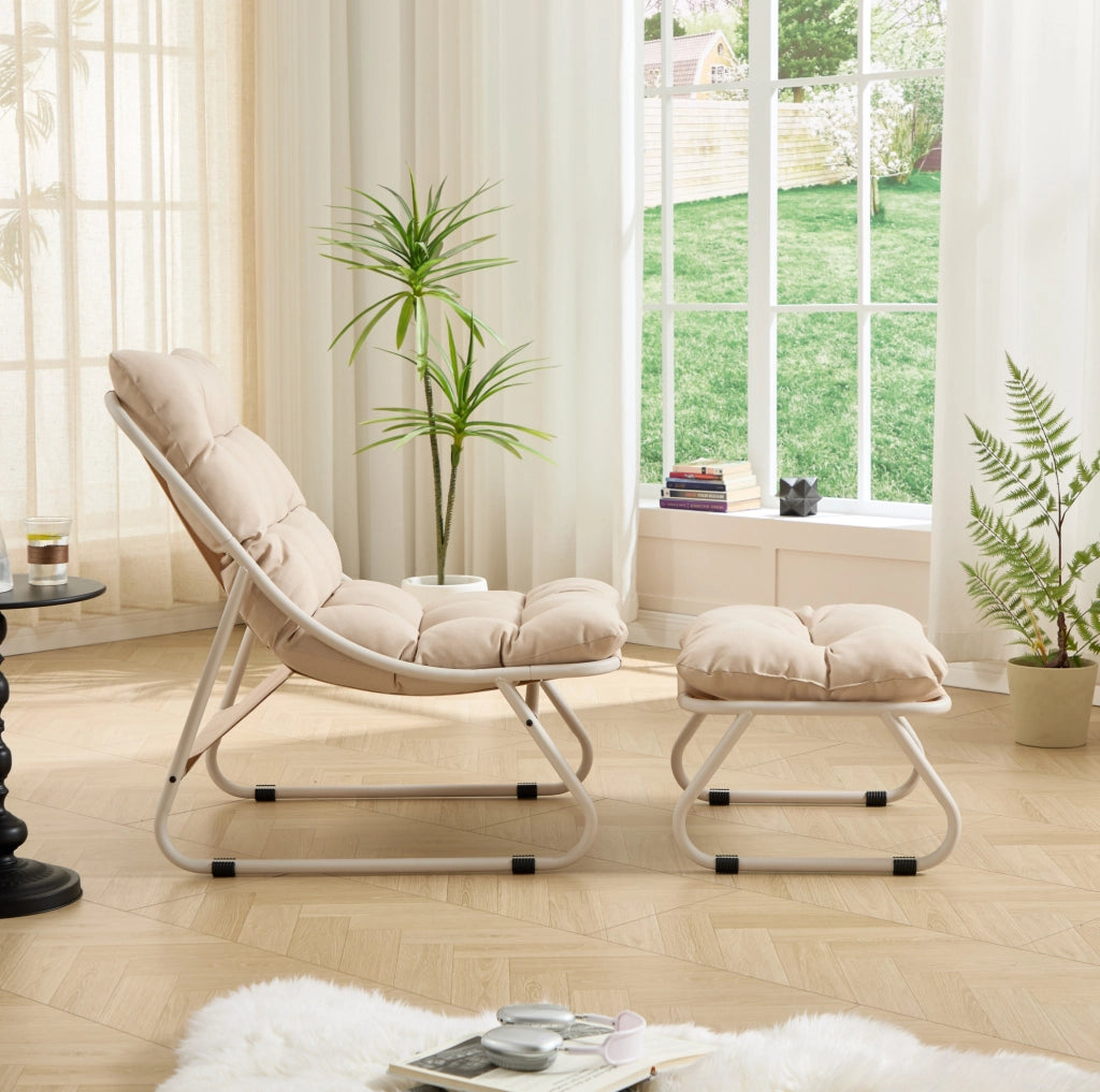 Poltrona da Giardino con Poggiapiedi Beige, Sedia Lounge in Acciaio con Cuscino Morbido per Interni ed Esterni
