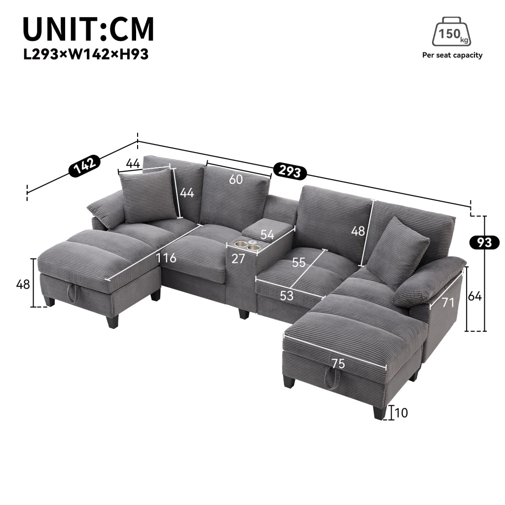 Divano a U 4 posti 293x142x93 cm con vani contenitore, USB e velluto a coste grigio