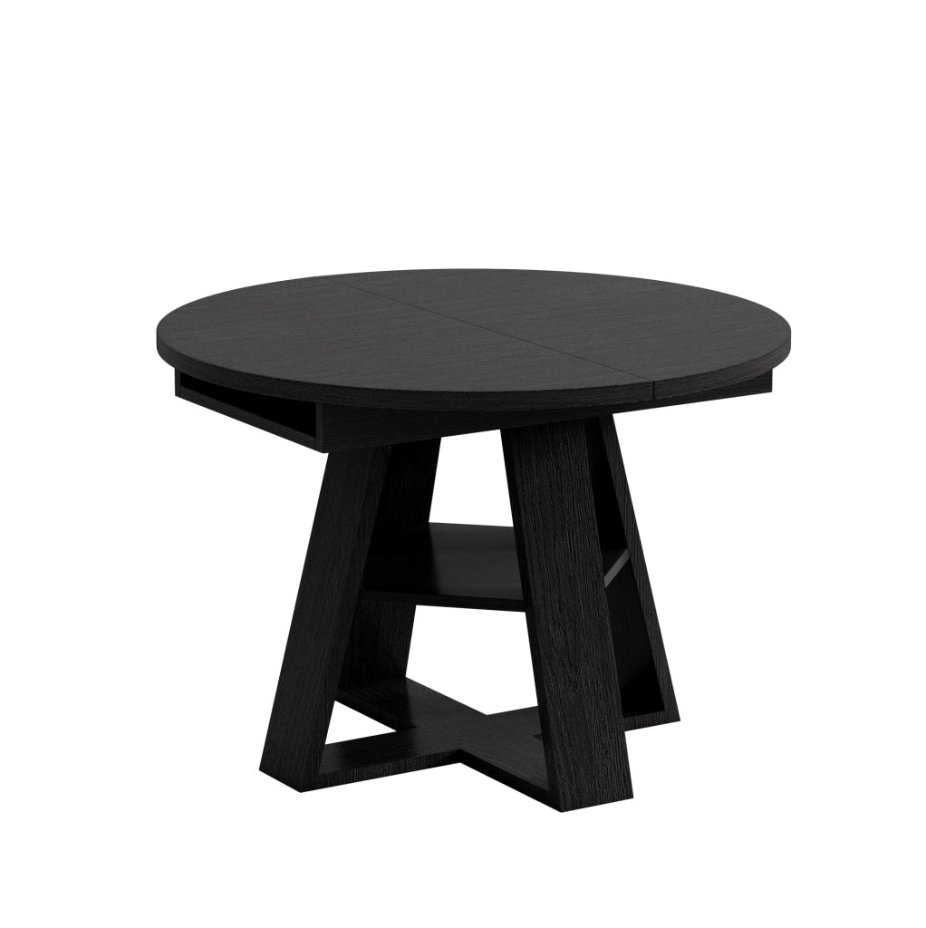 Tavolo da pranzo rotondo allungabile in MDF 110/150x110 cm con contenitore, nero effetto legno