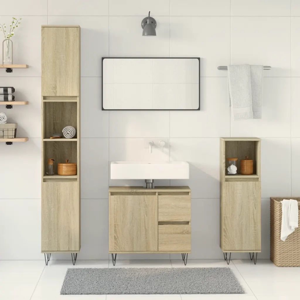 Set Mobili da Bagno | Armadio da bagno 3 pz Rovere Sonoma in Legno Multistrato