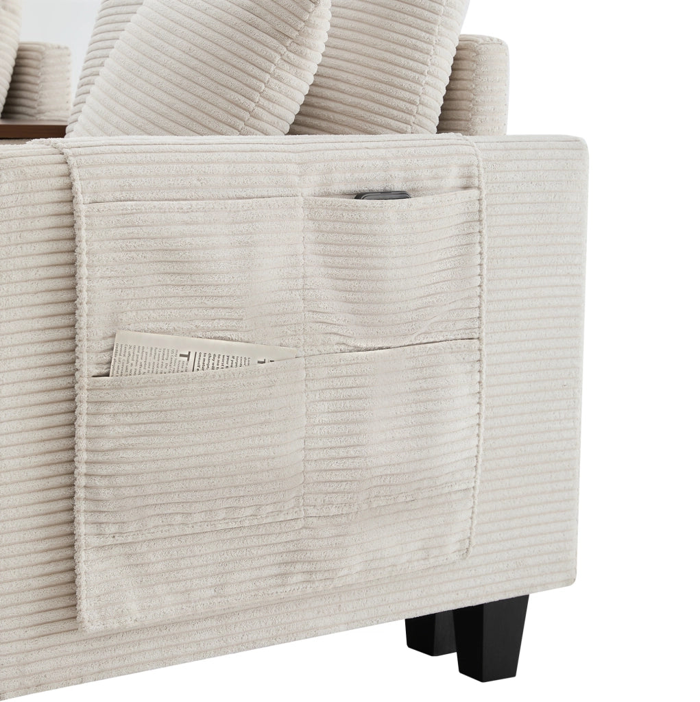 Divano angolare modulare beige in velluto a coste con USB