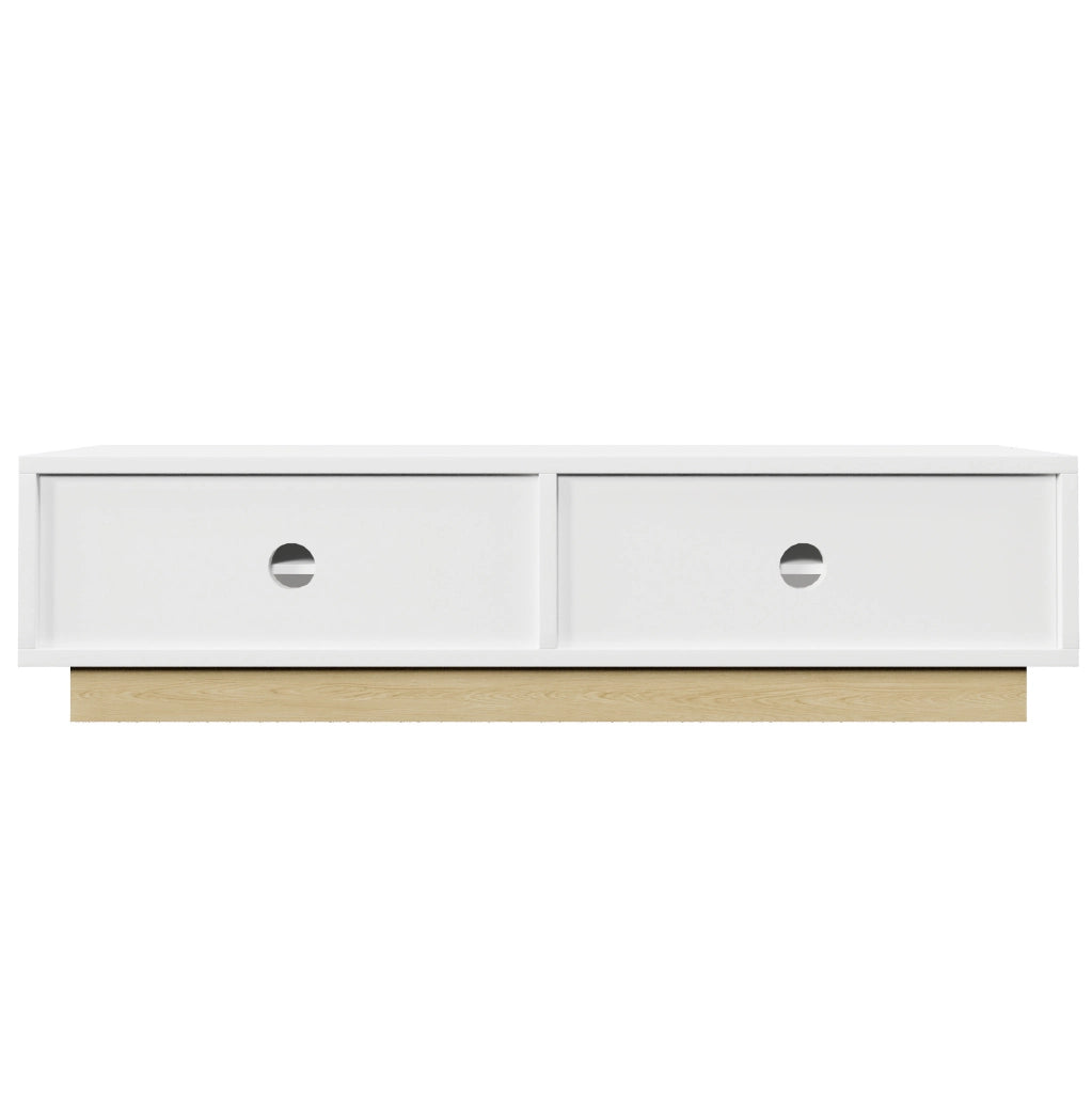 Mobile TV 175 cm con 4 ante push-to-open in MDF bianco e finitura color legno