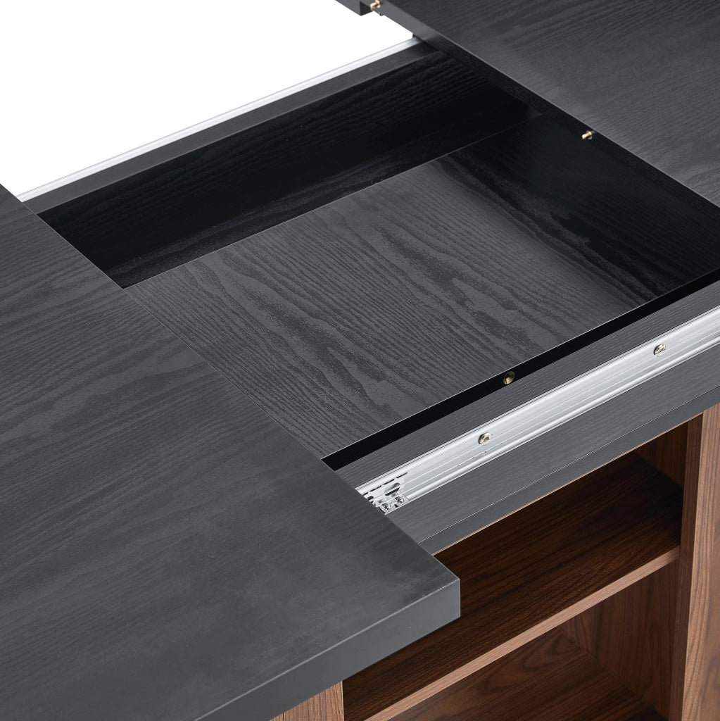 Tavolo da pranzo allungabile con ripiano, piano effetto legno nero, struttura color noce, 130-160 cm