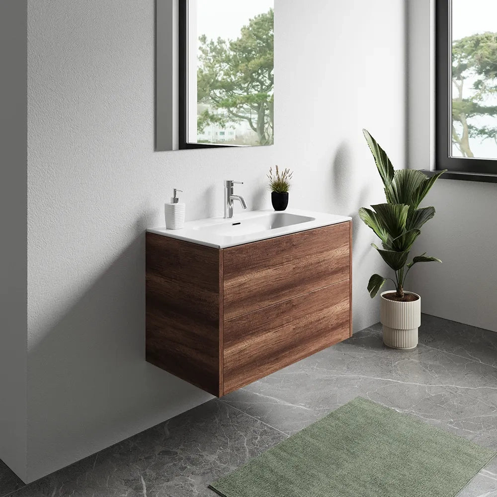 Mobile bagno sospeso 80cm due cassetti apertura push&pull rovere barok con lavabo | Galdor