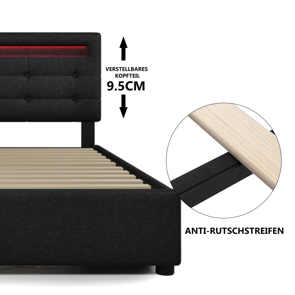 Letto matrimoniale 140 × 200 cm 2 posti con LED, 4 cassetti e testiera regolabile, senza materasso, nero